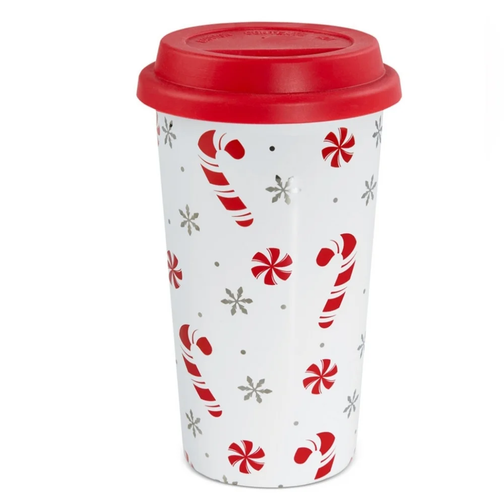 MARTHA STEWART CERAMIC CANDY CANE TRAVEL MUG